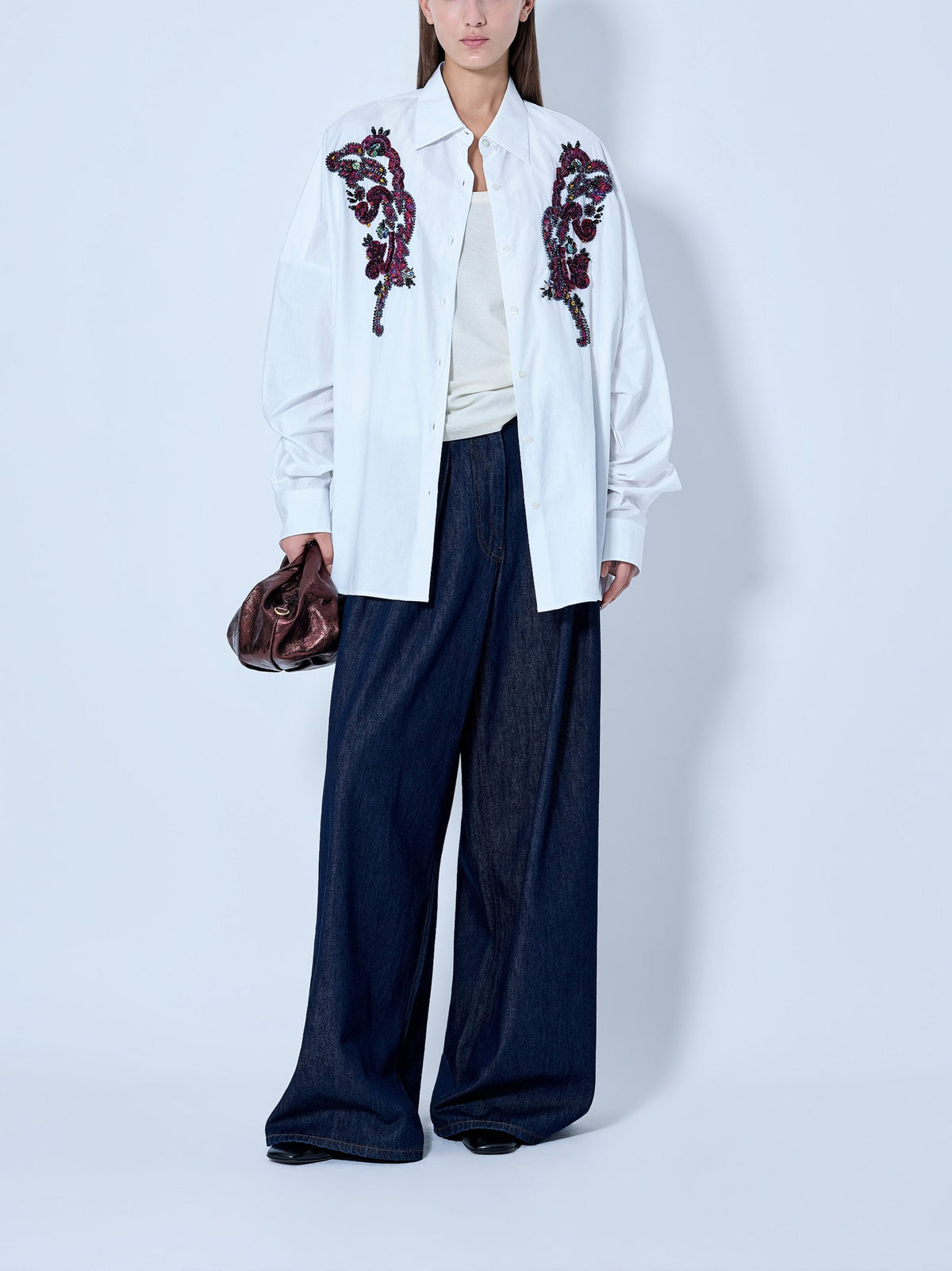 Wide-leg denim trousers