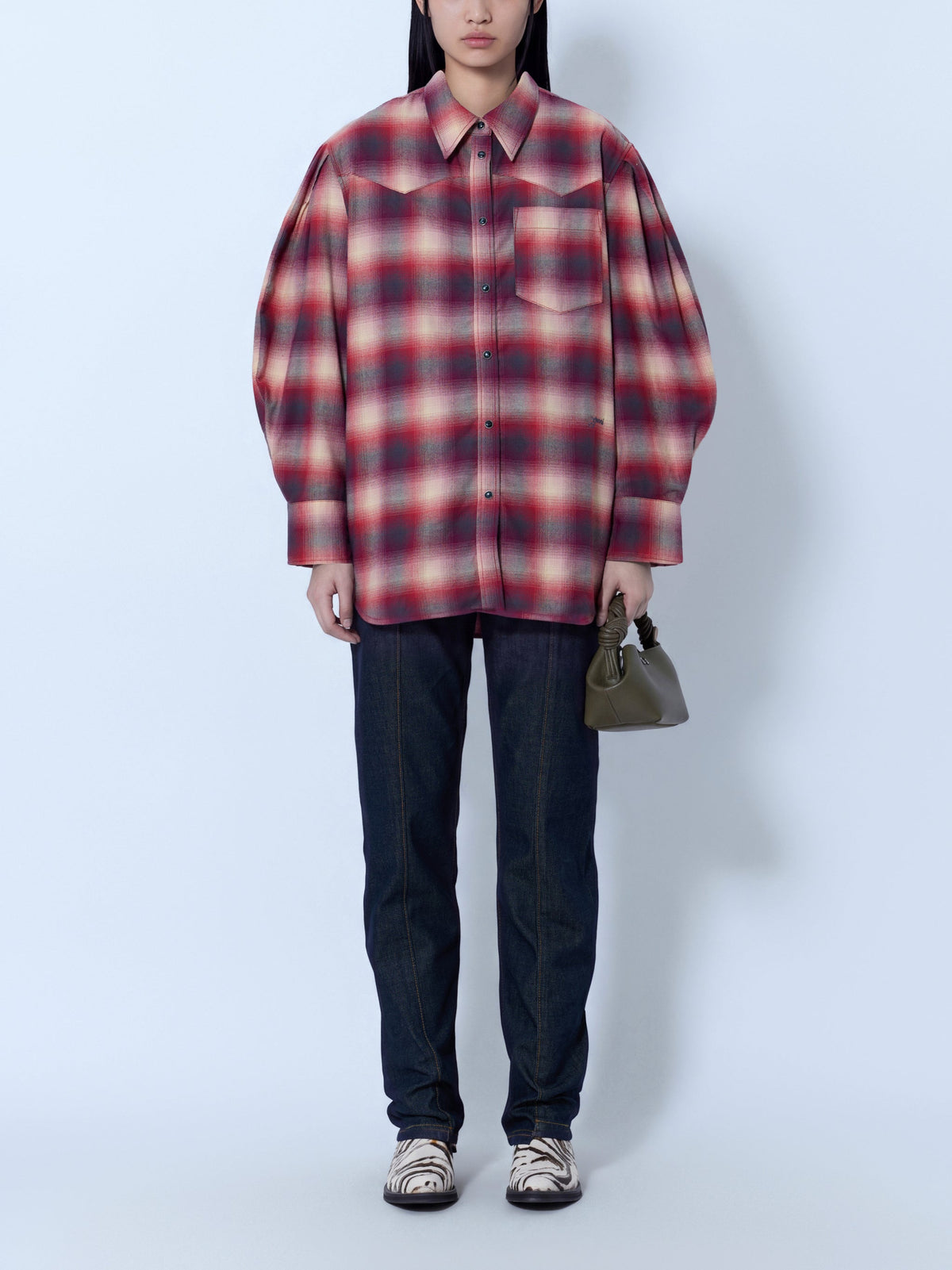 Cotton flannel check pleated sleeve shirt