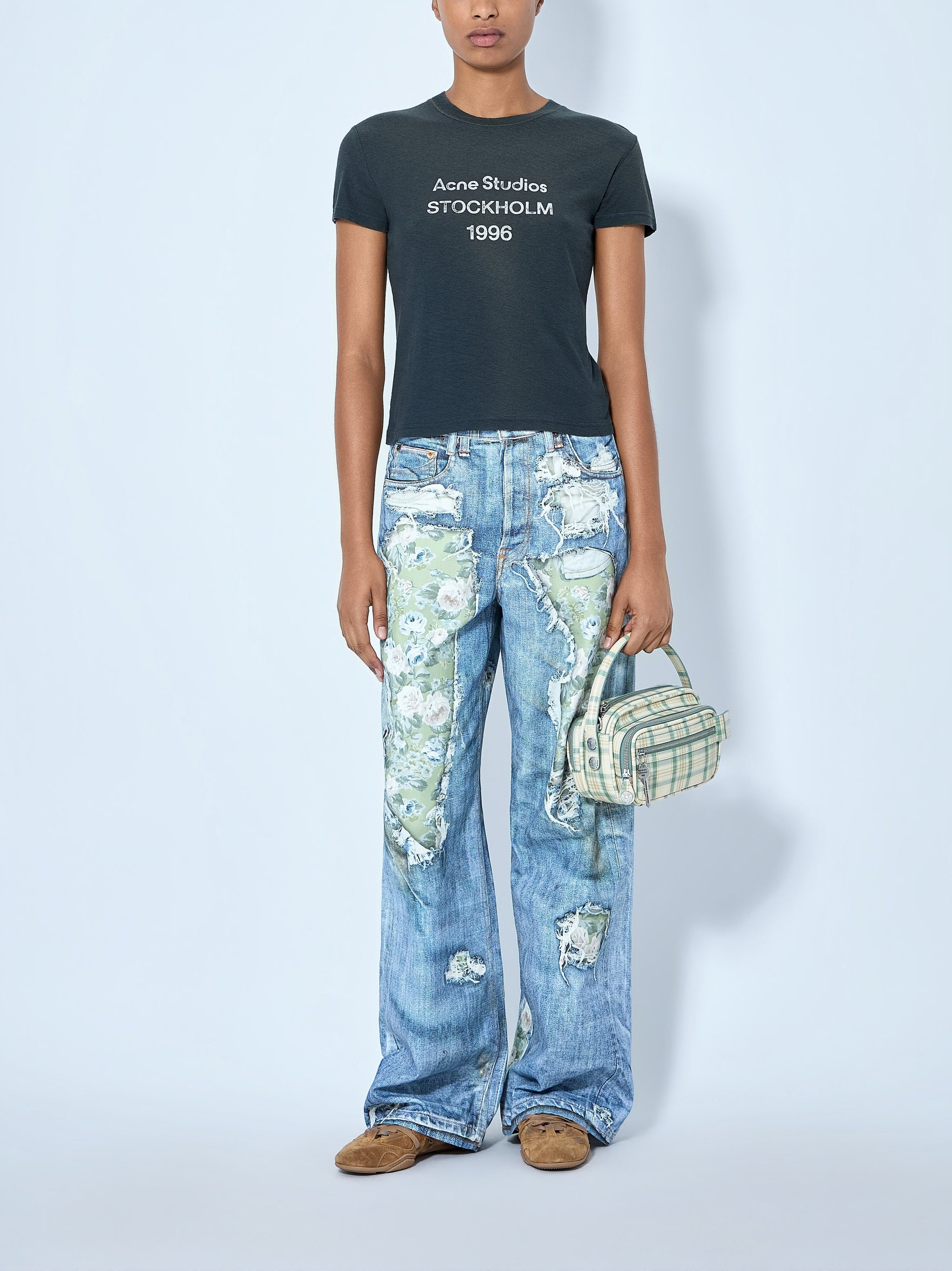 Distressed floral patchwork jeans