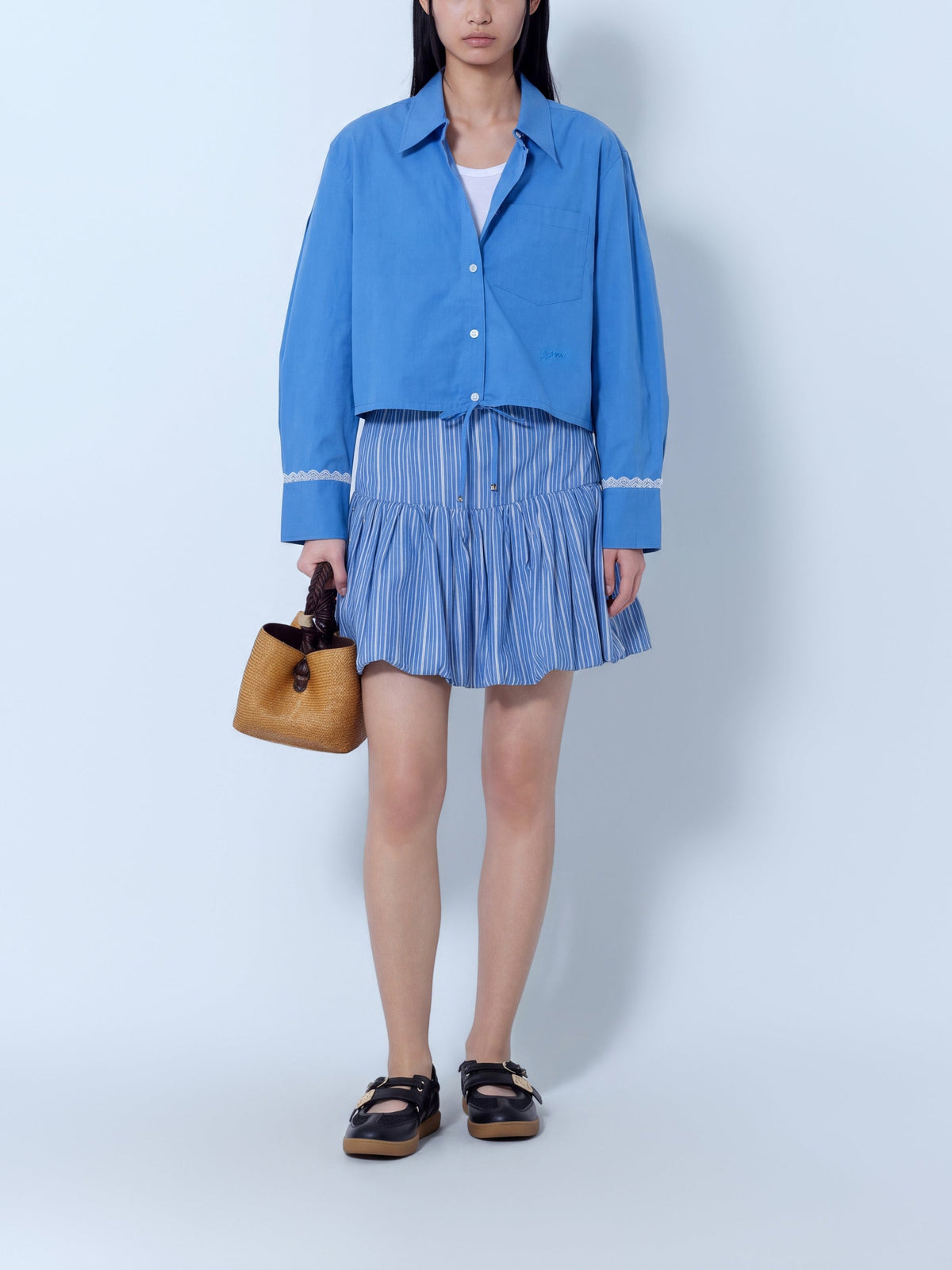 Stretch cotton cropped bowling shirt