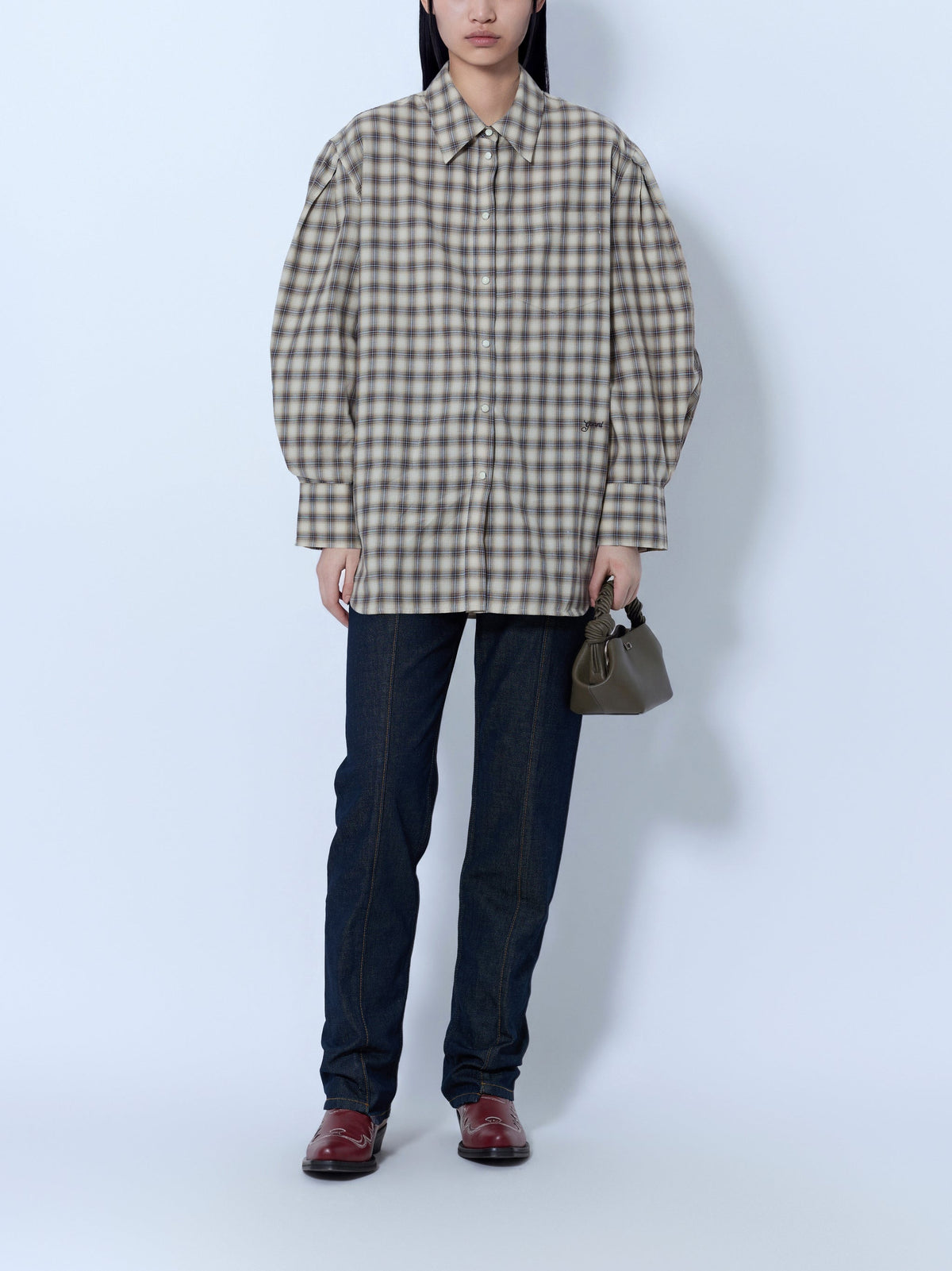 Light check flannel pleated sleeve shirt