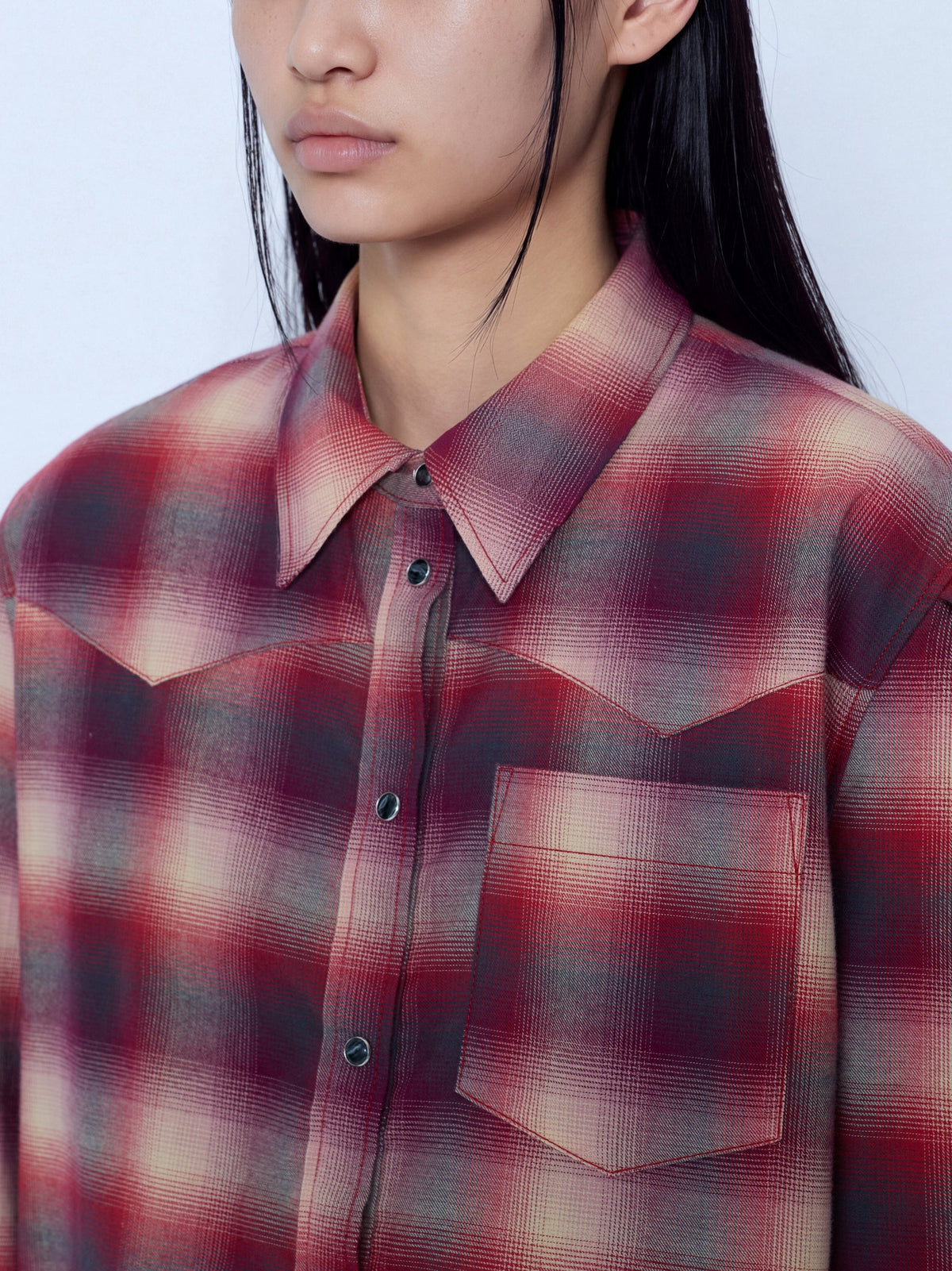 Cotton flannel check pleated sleeve shirt