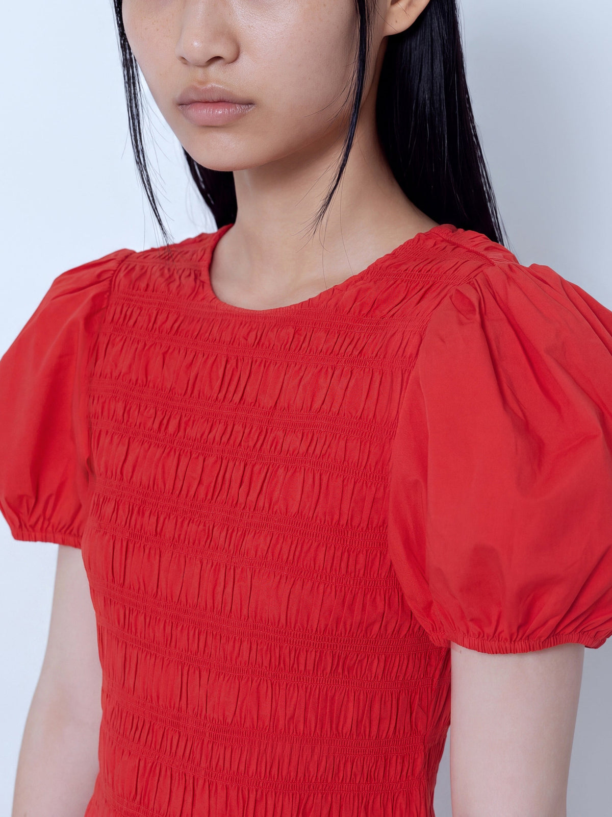Stretch cotton long smocked pleated dress