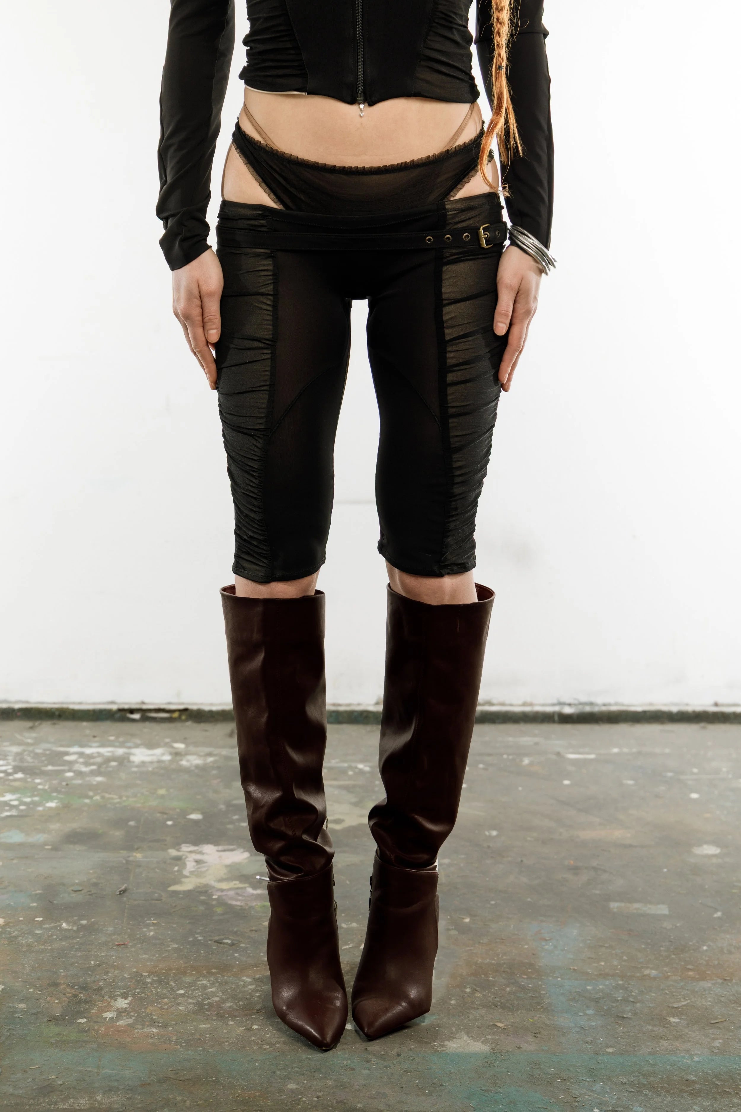Ultra low belted leggings- smoked black