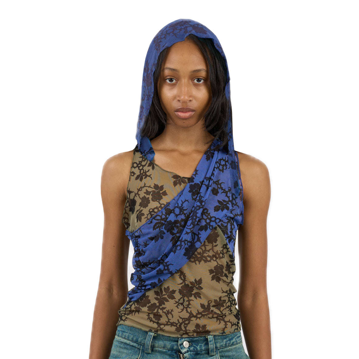 Warriess hooded mesh top khaki and cobalt