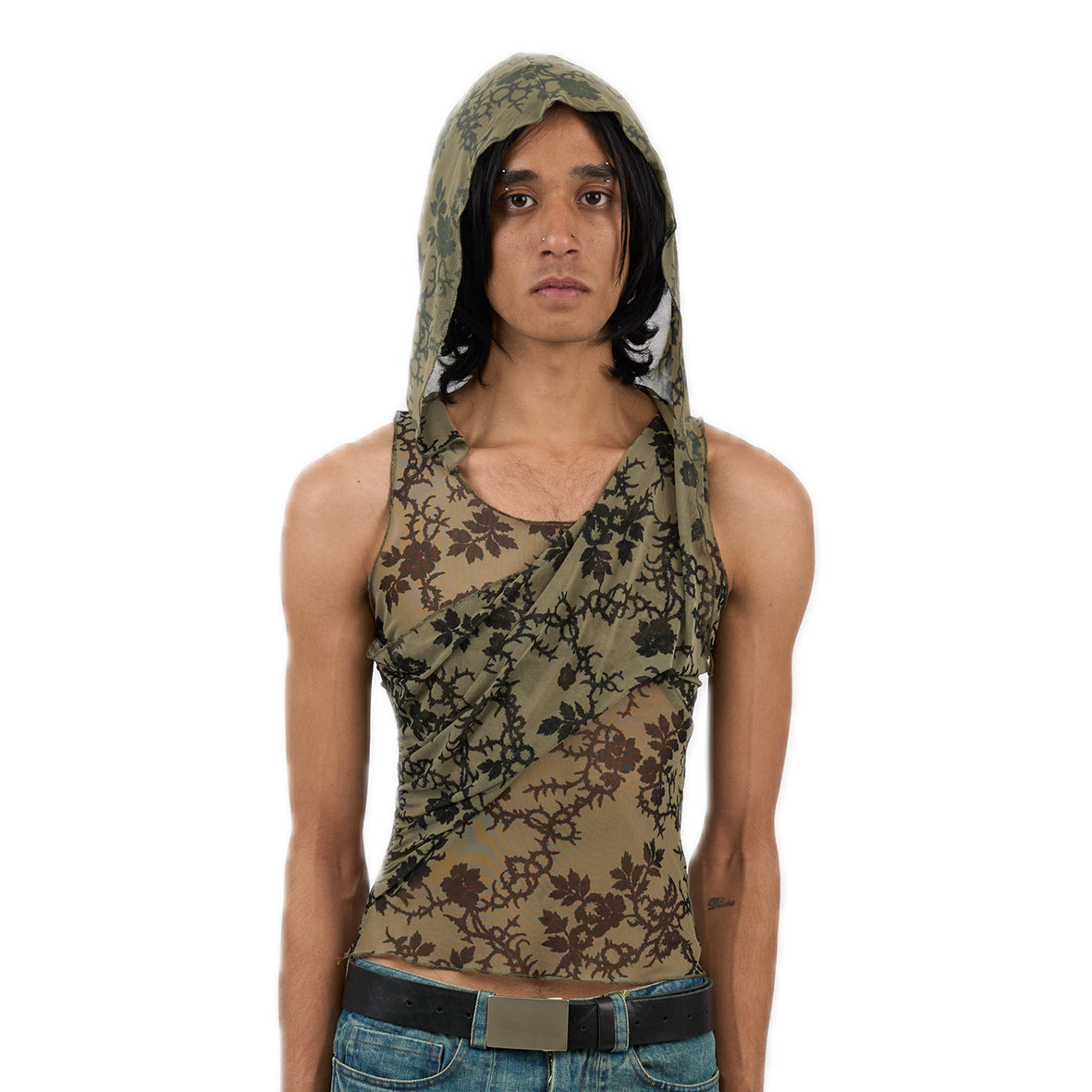 Warriess hooded mesh top khaki