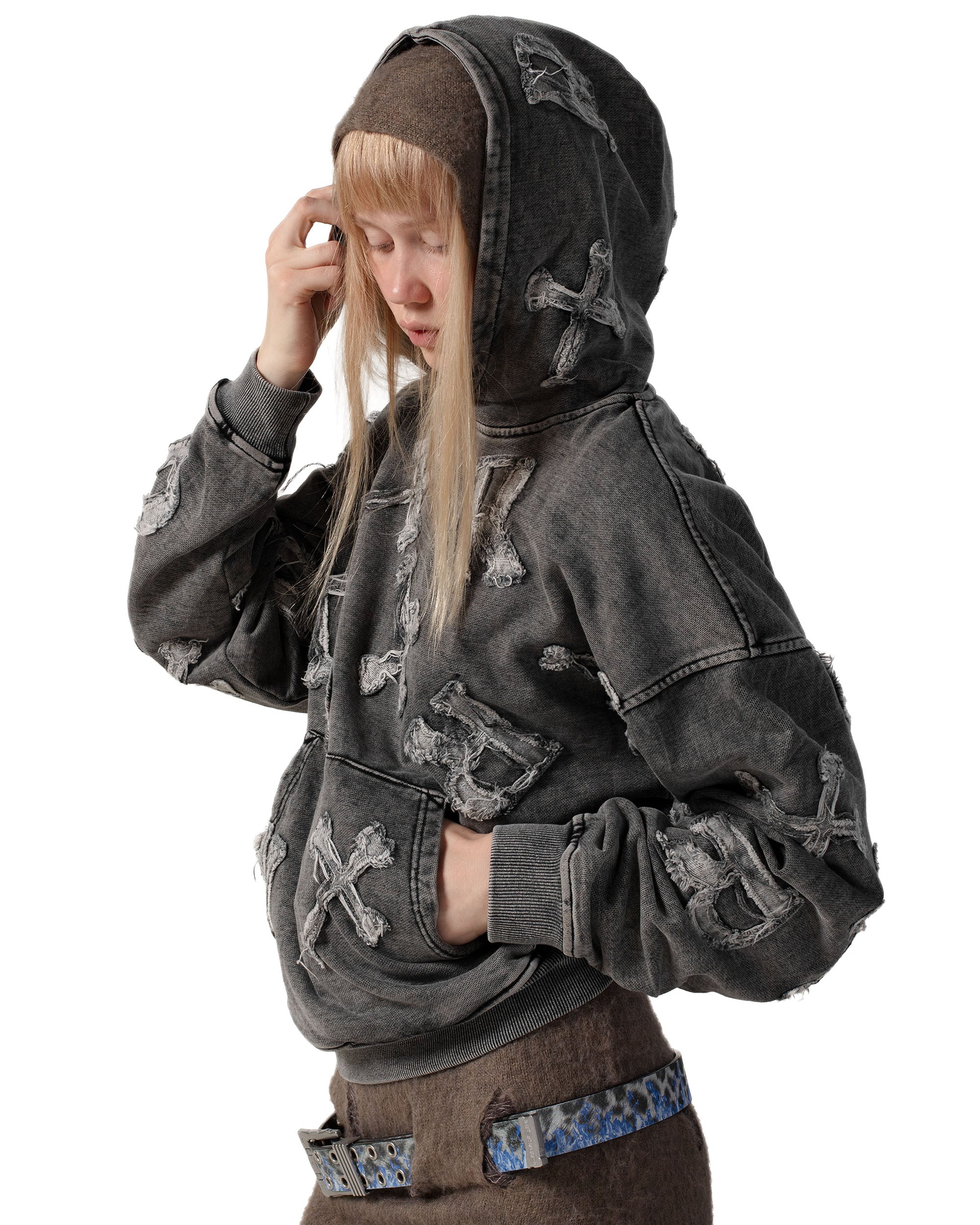 Washed black patch hoodie